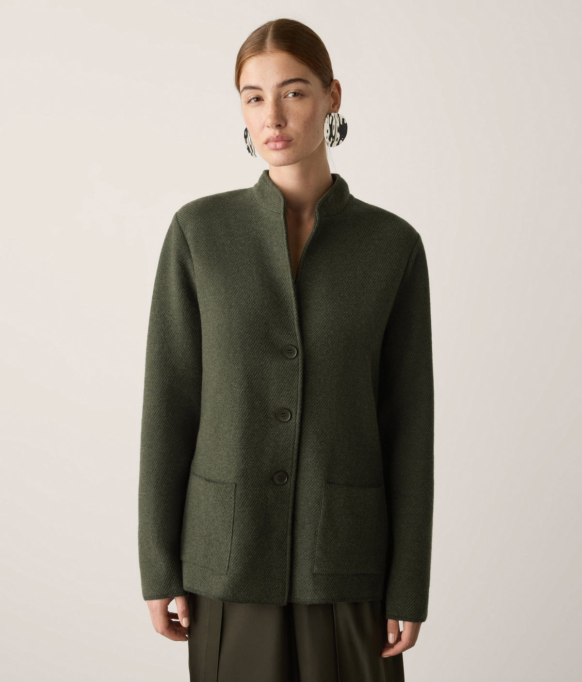 Drift Two-Tone Wool and Cashmere Knit Jacket in Deep Forest Green, view 2