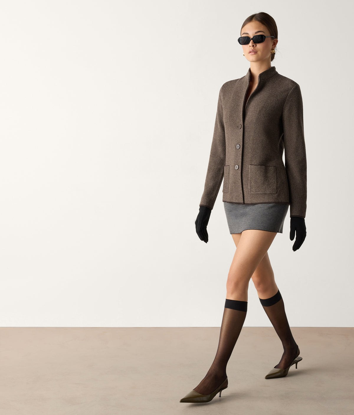 Drift Two-Tone Wool and Cashmere Knit Jacket in Wood Brown, view 5