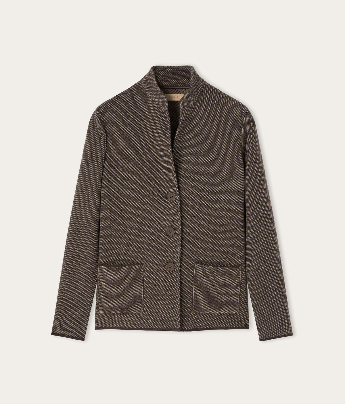 Drift Two-Tone Wool and Cashmere Knit Jacket in Wood Brown, view 6