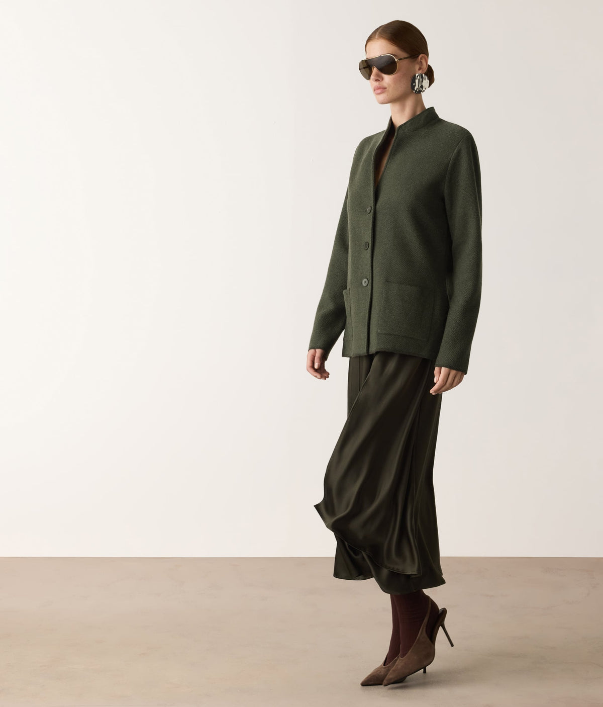 Drift Two-Tone Wool and Cashmere Knit Jacket in Deep Forest Green, view 5