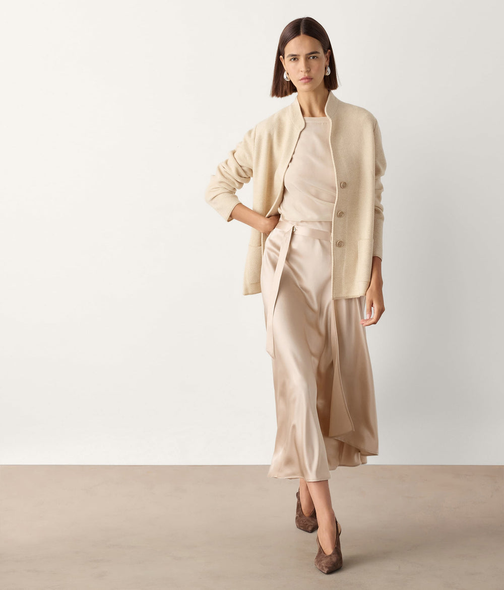 Line Pure Silk Satin Wrap Midi Skirt in LIGHT MOTHER OF PEARL GRAY, primary view [fp-color:light-mother-of-pearl-gray]