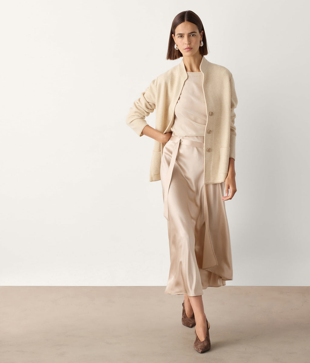Line Pure Silk Satin Wrap Midi Skirt in LIGHT MOTHER OF PEARL GRAY, primary view