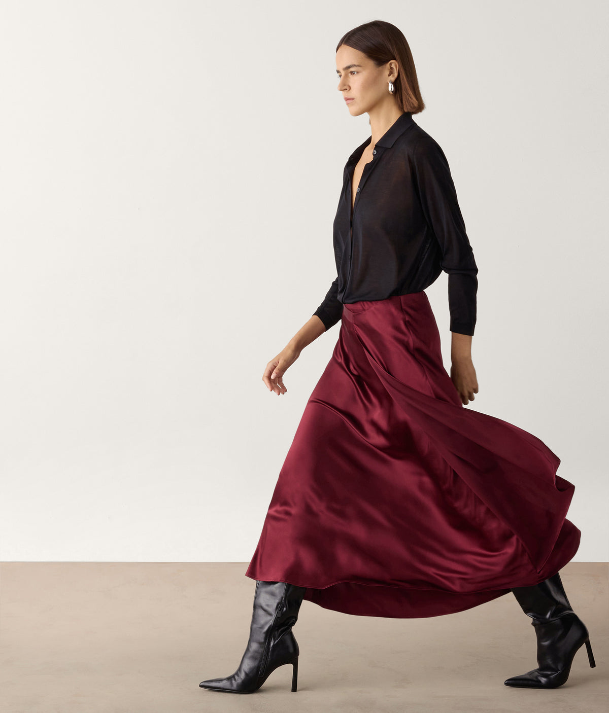 Line Pure Silk Satin Wrap Midi Skirt in Cherry Red, view 5