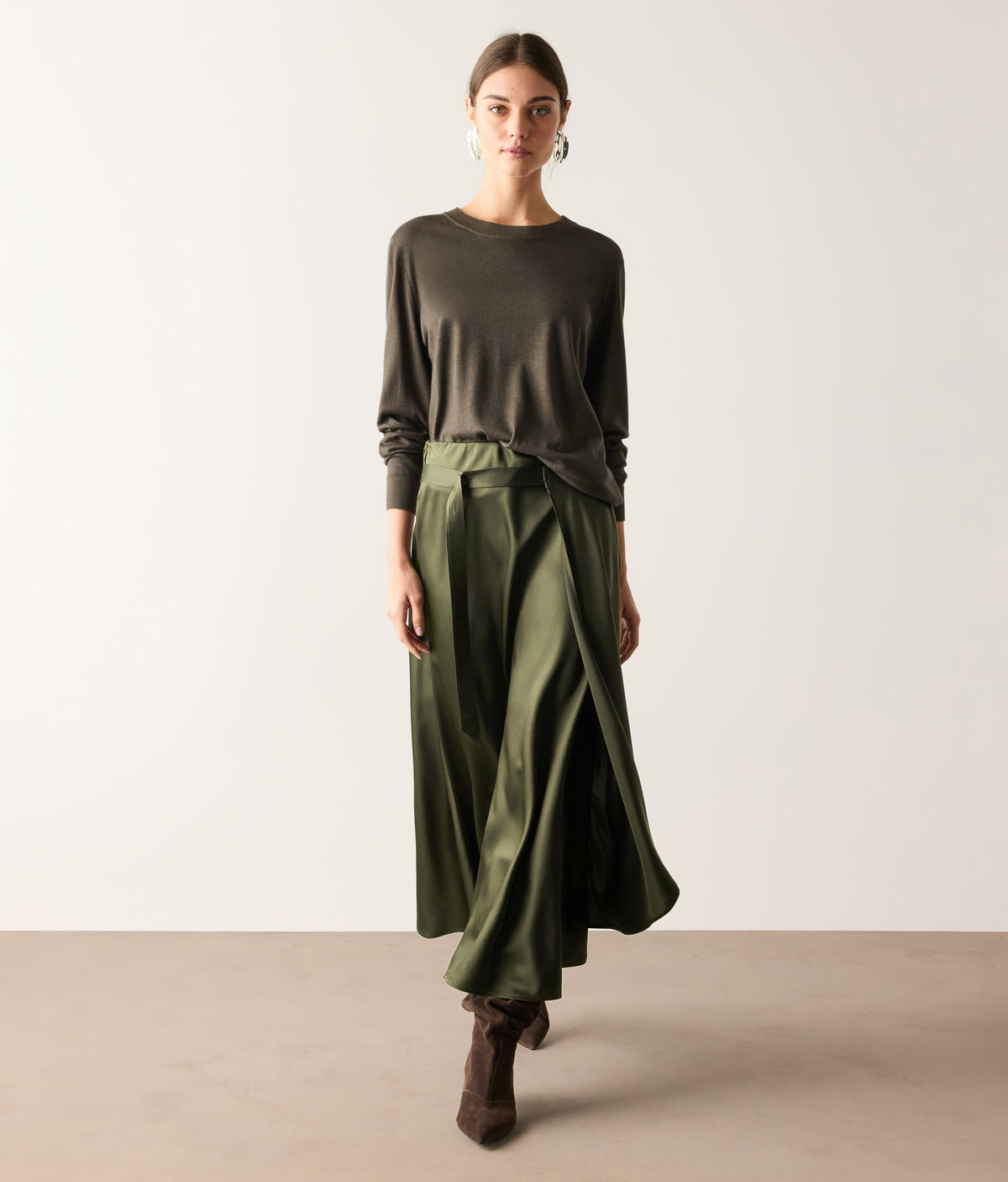 Line Pure Silk Satin Wrap Midi Skirt in Deep Forest Green, primary view