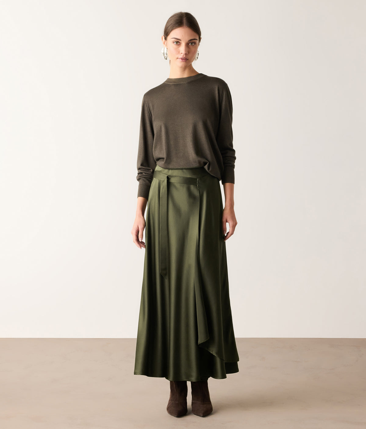 Line Pure Silk Satin Wrap Midi Skirt in Deep Forest Green, view 2