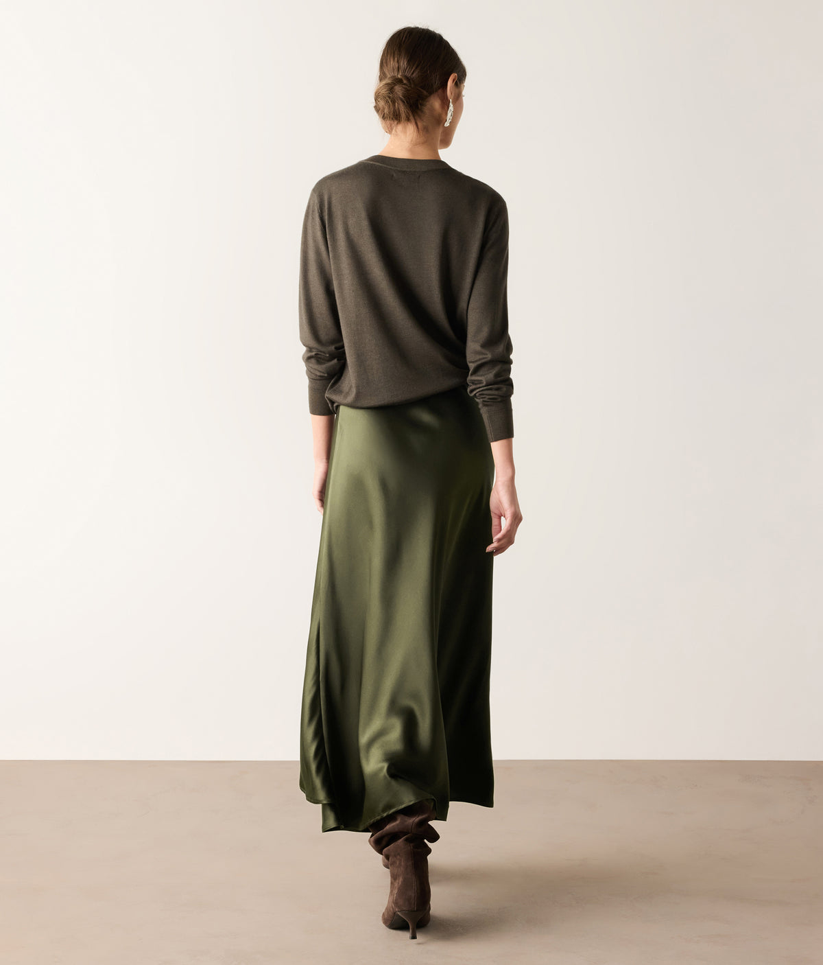 Line Pure Silk Satin Wrap Midi Skirt in Deep Forest Green, view 3