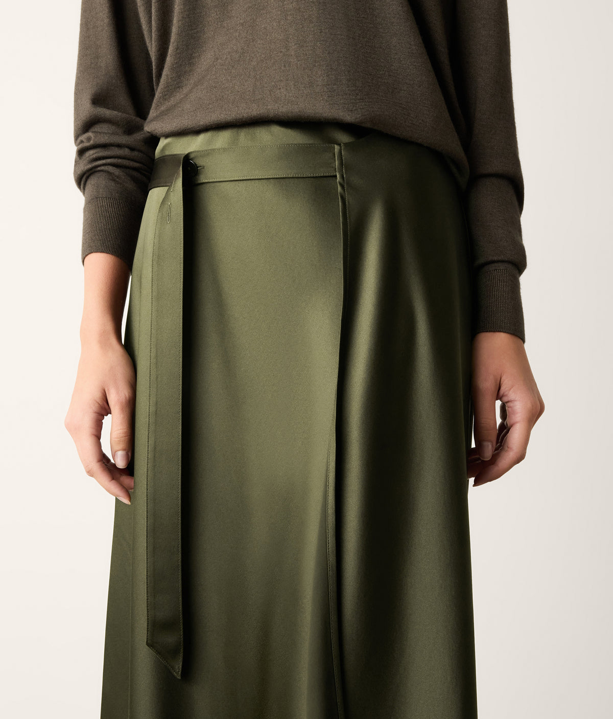 Line Pure Silk Satin Wrap Midi Skirt in Deep Forest Green, view 4