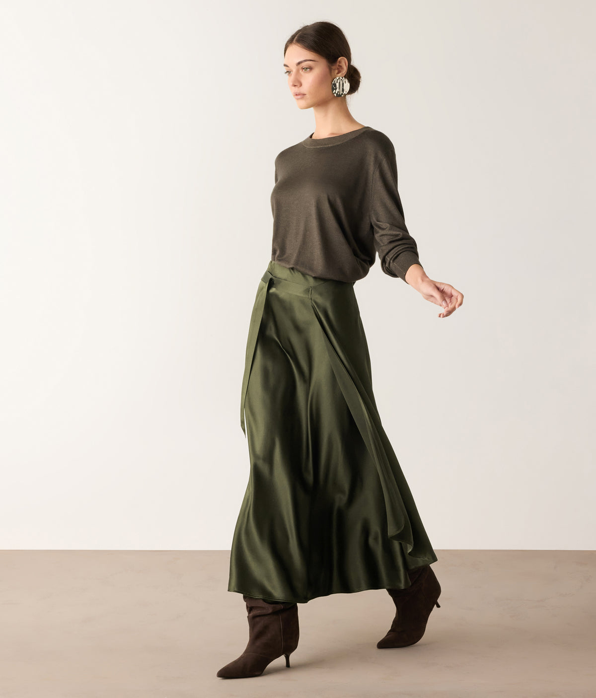 Line Pure Silk Satin Wrap Midi Skirt in Deep Forest Green, view 5