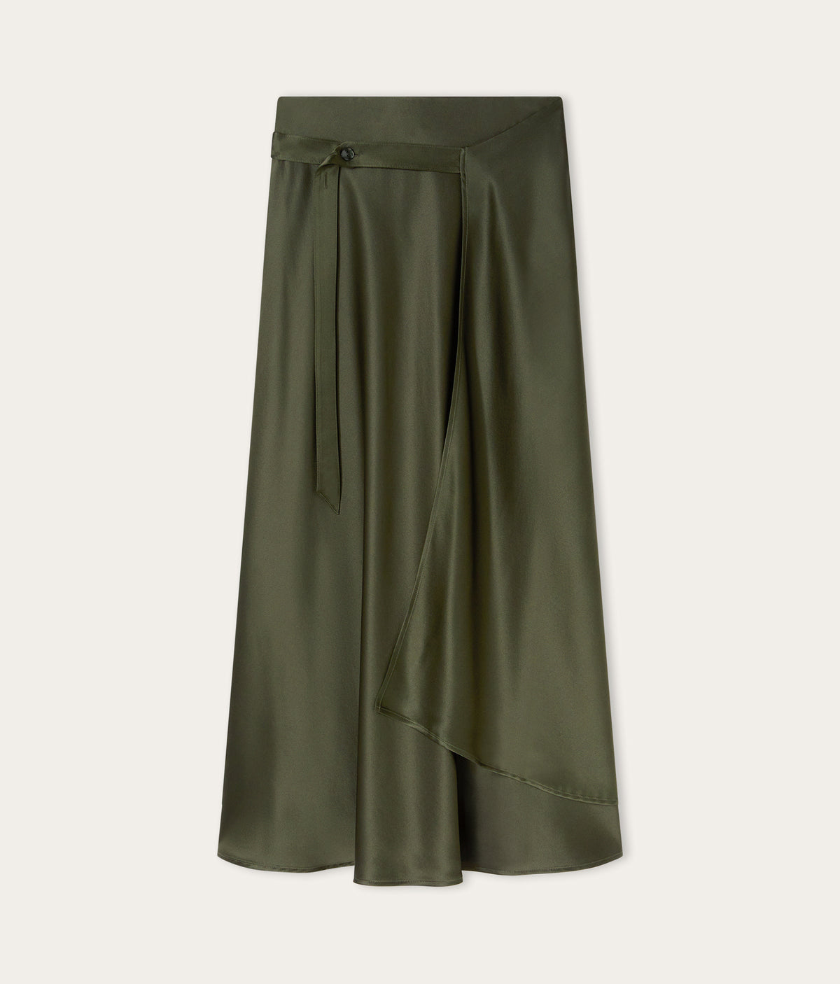 Line Pure Silk Satin Wrap Midi Skirt in Deep Forest Green, view 6