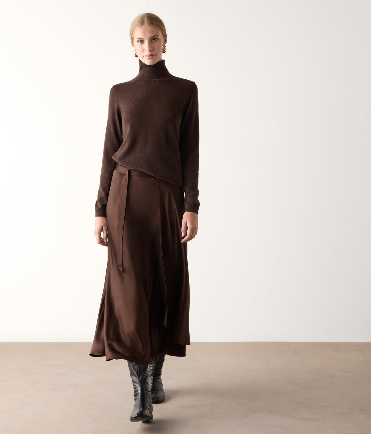Line Pure Silk Satin Wrap Midi Skirt in Wood Brown, primary view
