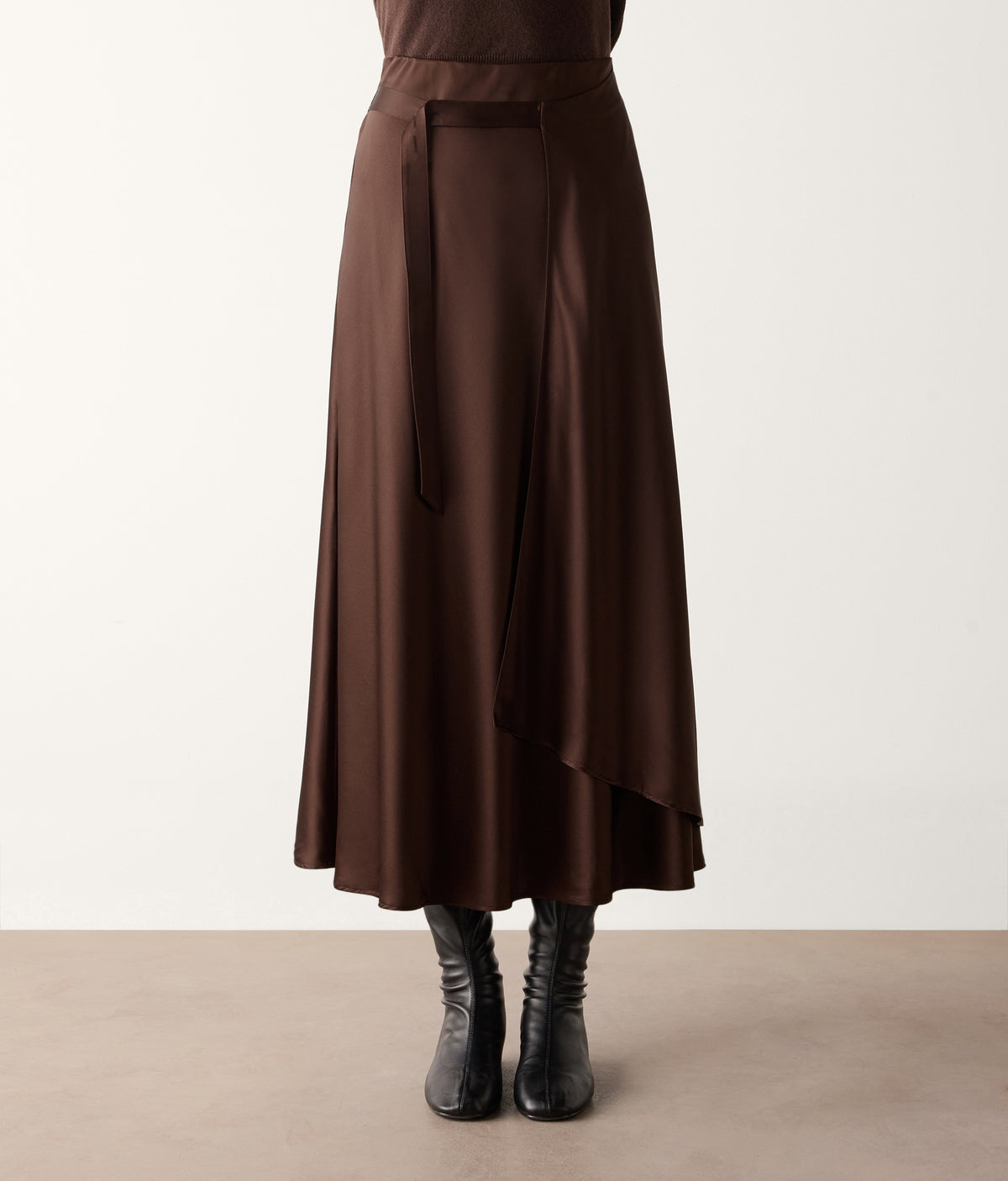 Line Pure Silk Satin Wrap Midi Skirt in Wood Brown, view 2