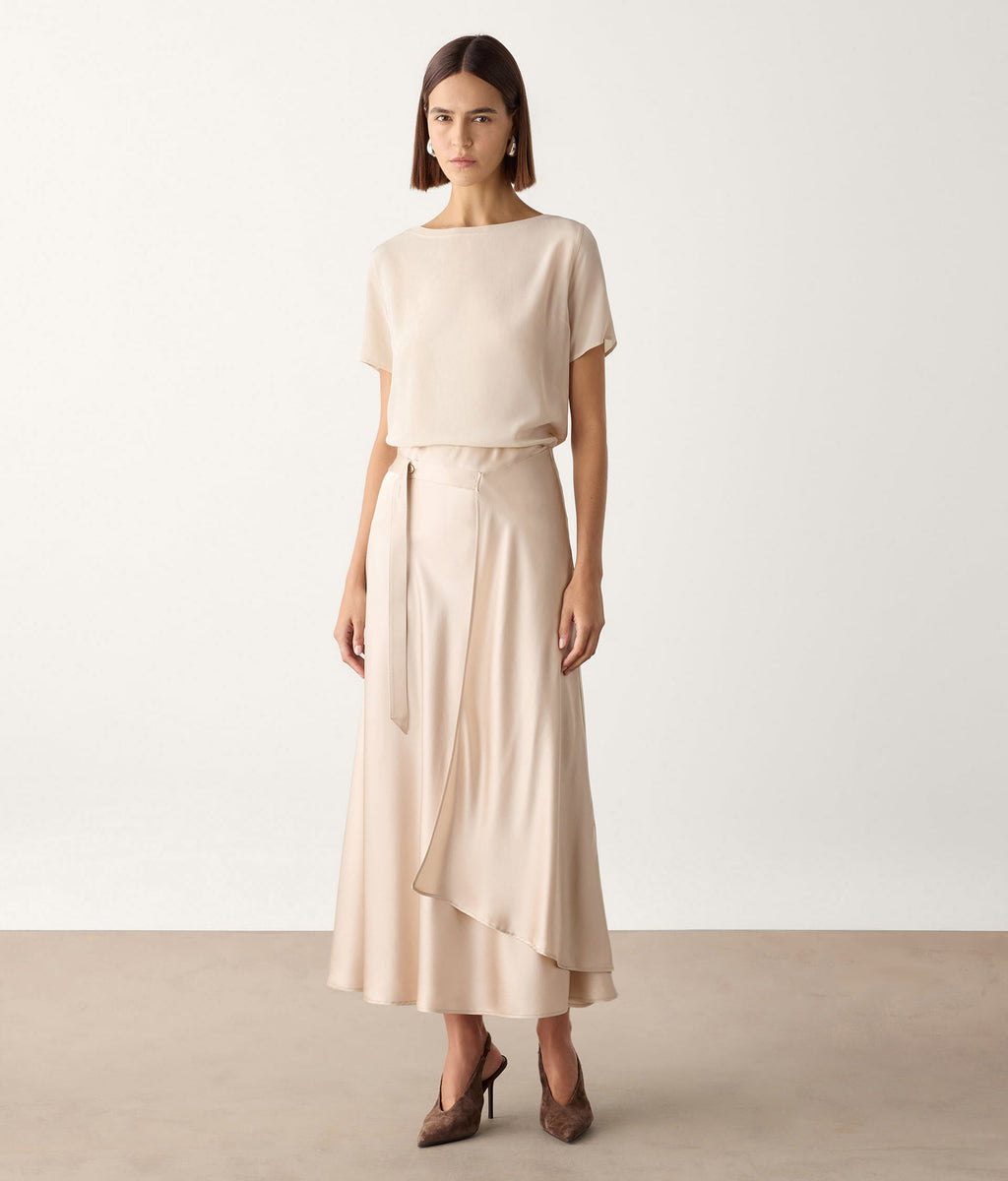 Line Pure Silk Satin Wrap Midi Skirt in LIGHT MOTHER OF PEARL GRAY, view 2