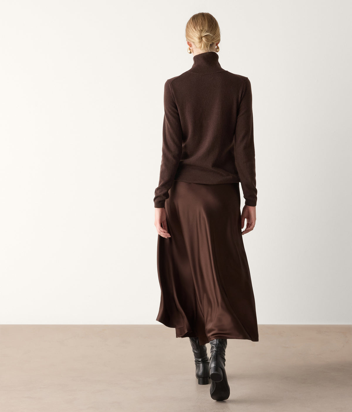 Line Pure Silk Satin Wrap Midi Skirt in Wood Brown, view 3