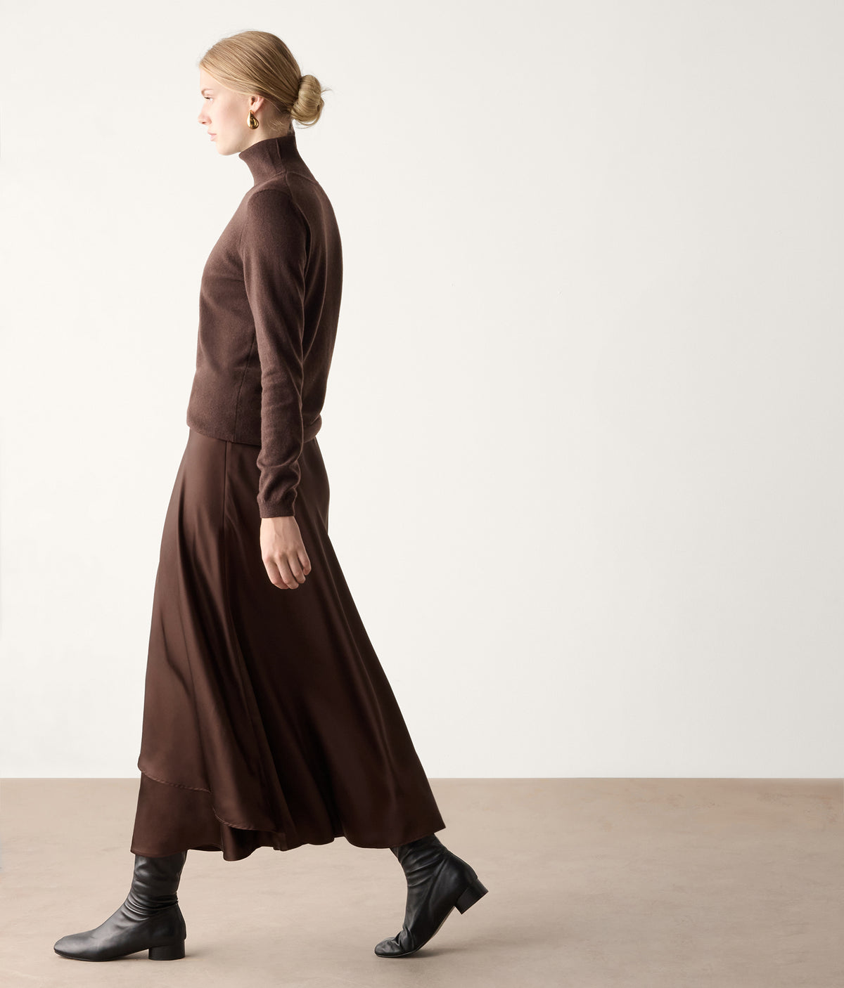 Line Pure Silk Satin Wrap Midi Skirt in Wood Brown, view 5