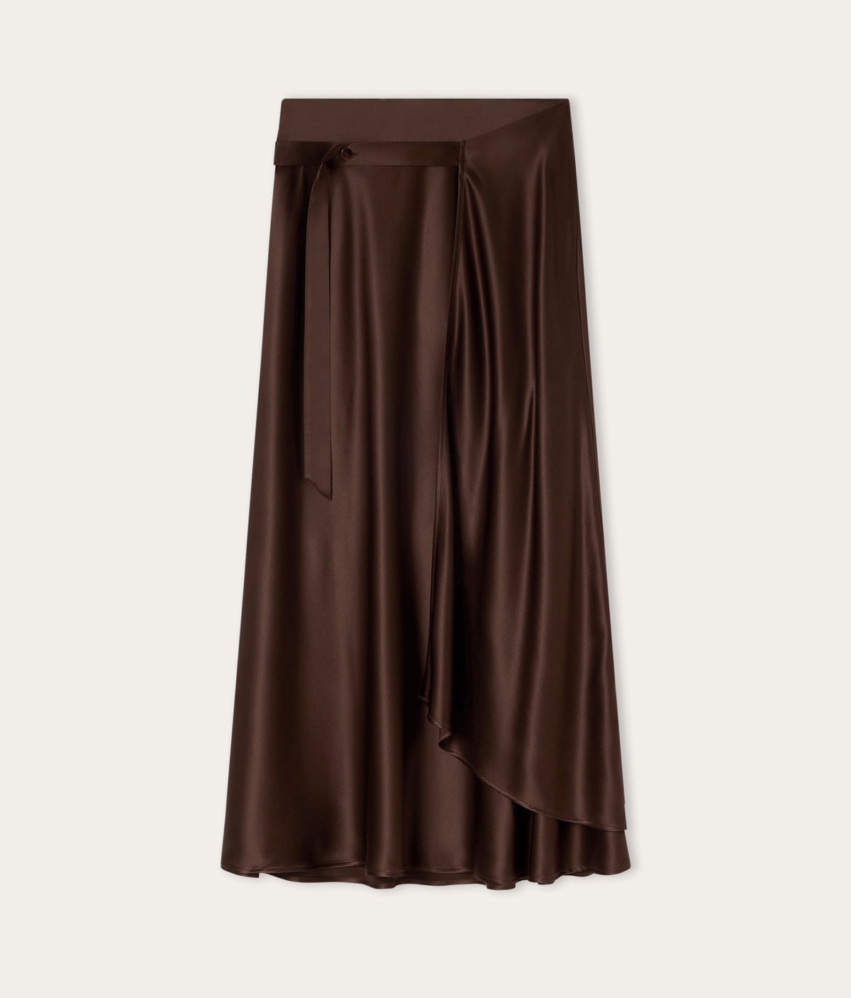 Line Pure Silk Satin Wrap Midi Skirt in Wood Brown, view 6