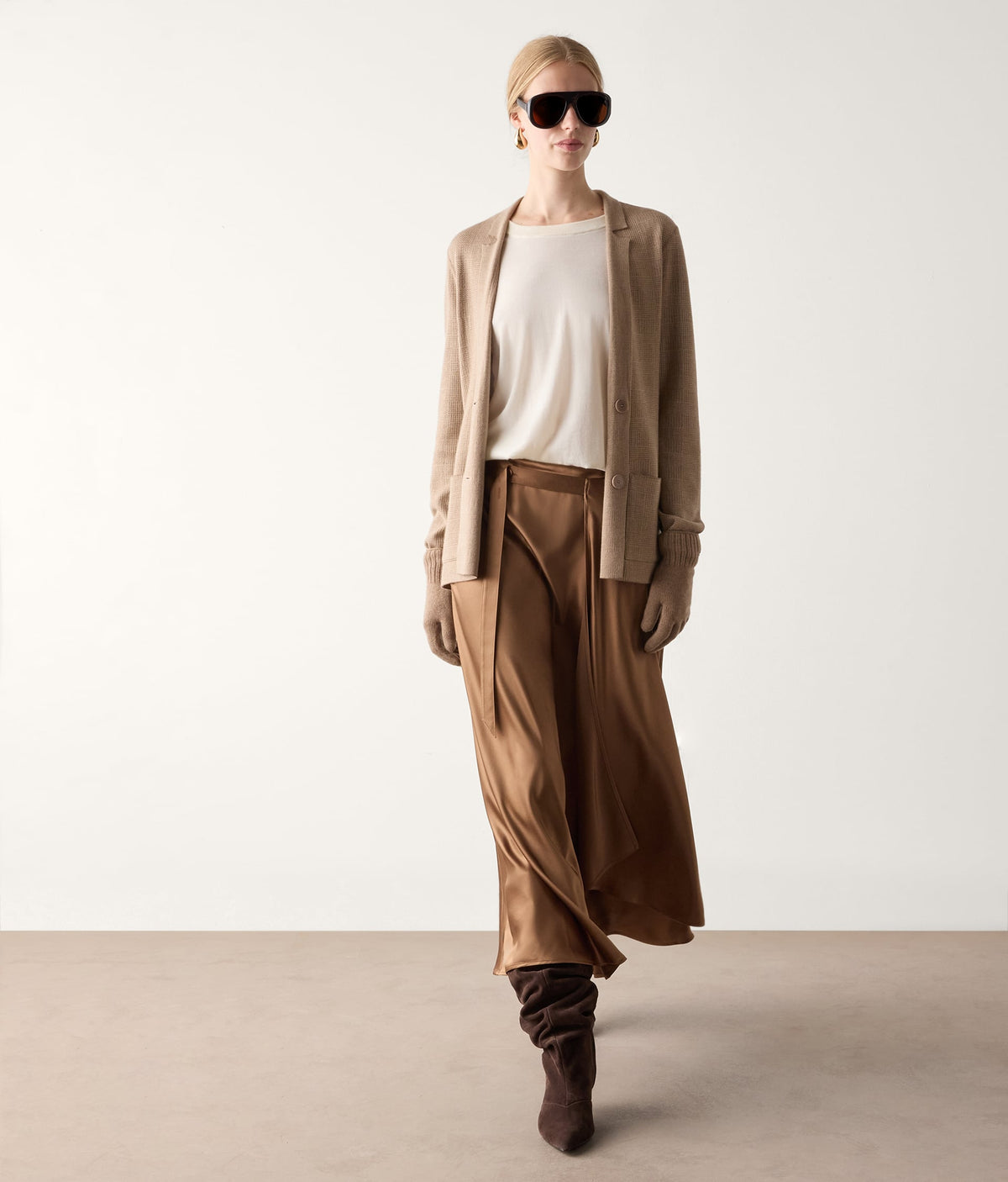 Line Pure Silk Satin Wrap Midi Skirt in Flaxseed Beige, primary view