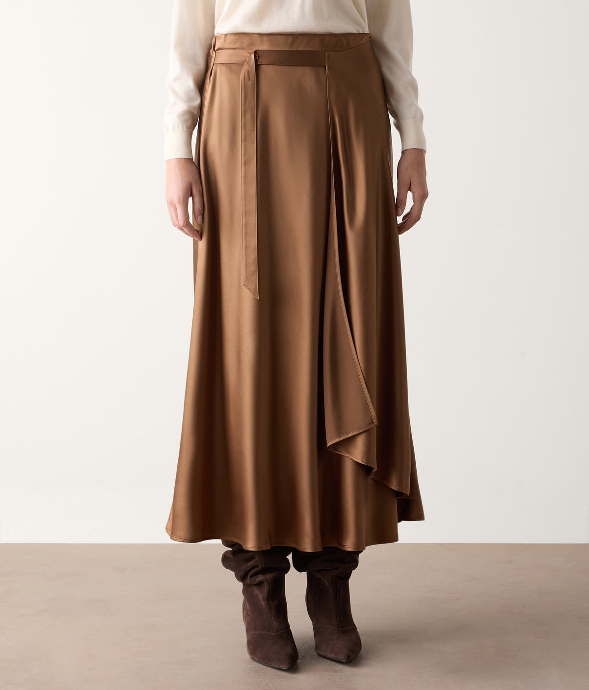 Line Pure Silk Satin Wrap Midi Skirt in Flaxseed Beige, view 2