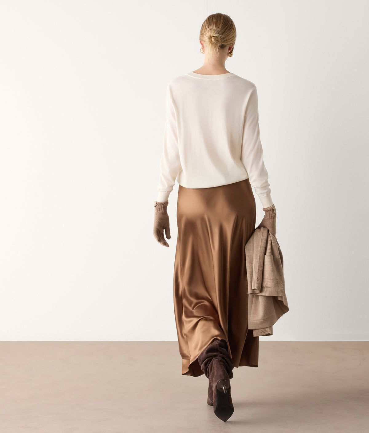 Line Pure Silk Satin Wrap Midi Skirt in Flaxseed Beige, view 3