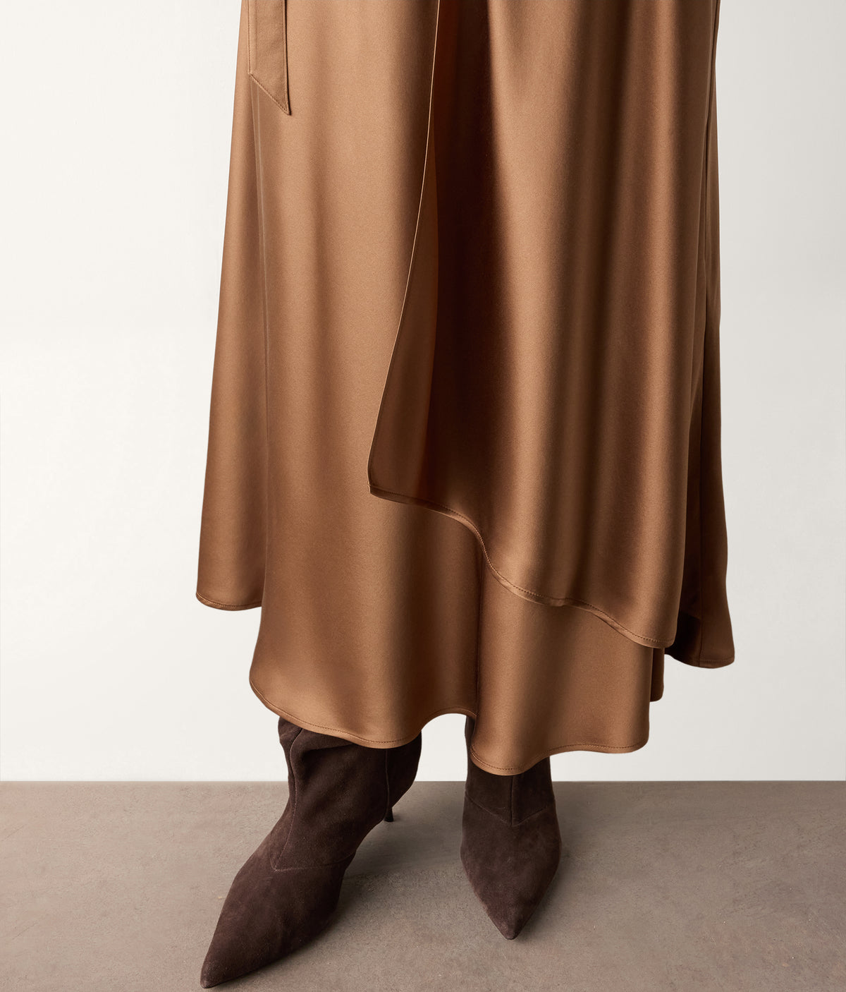 Line Pure Silk Satin Wrap Midi Skirt in Flaxseed Beige, view 4