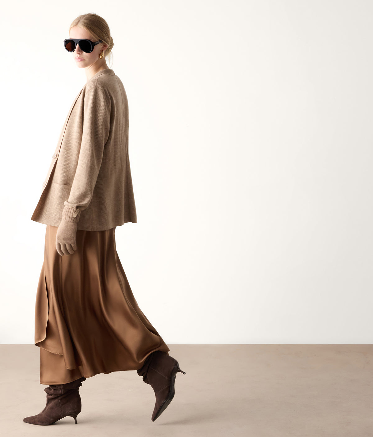 Line Pure Silk Satin Wrap Midi Skirt in Flaxseed Beige, view 5