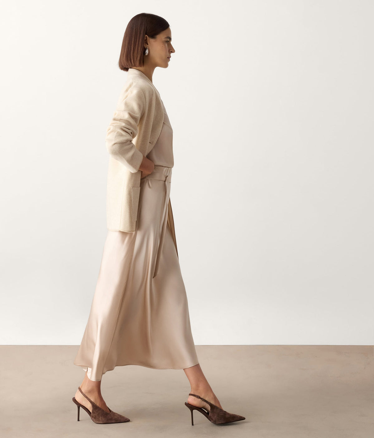 Line Pure Silk Satin Wrap Midi Skirt in LIGHT MOTHER OF PEARL GRAY, view 5