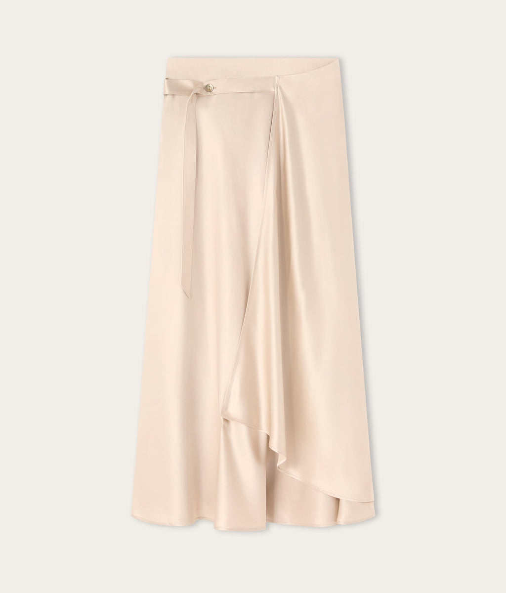 Line Pure Silk Satin Wrap Midi Skirt in LIGHT MOTHER OF PEARL GRAY, view 6