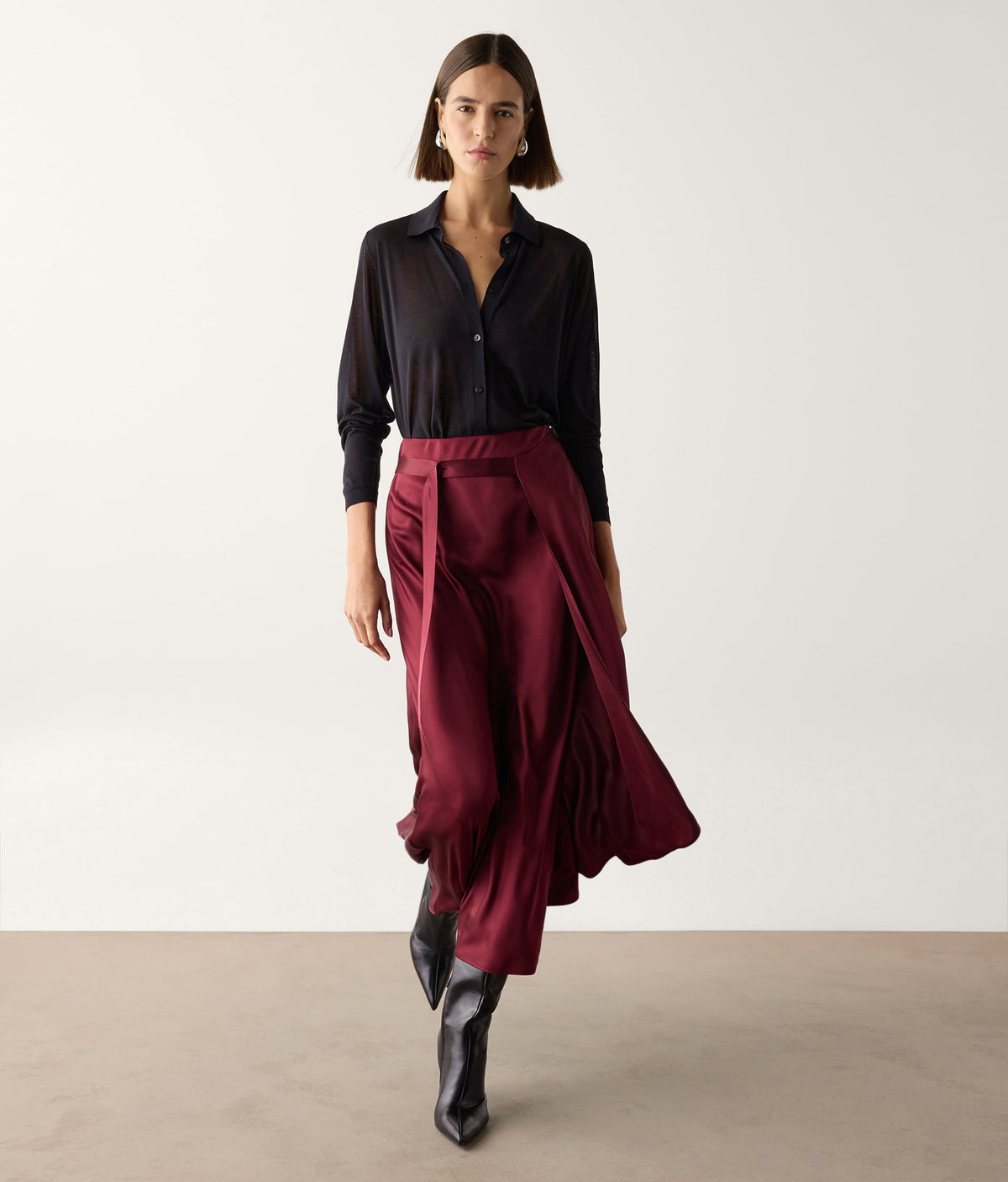 Line Pure Silk Satin Wrap Midi Skirt in Cherry Red, primary view