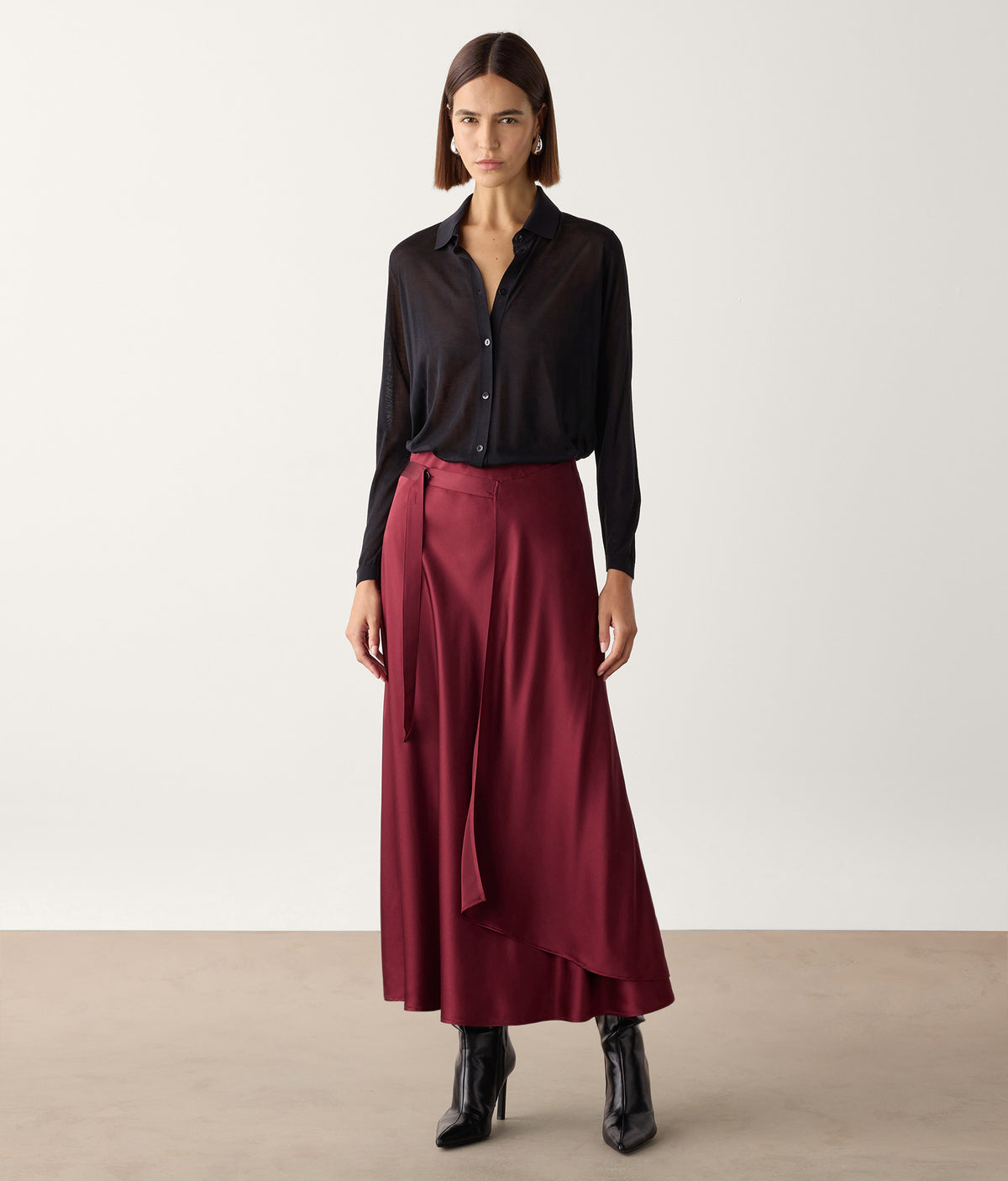 Line Pure Silk Satin Wrap Midi Skirt in Cherry Red, view 2
