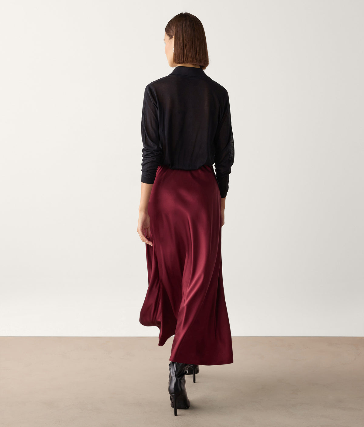 Line Pure Silk Satin Wrap Midi Skirt in Cherry Red, view 3