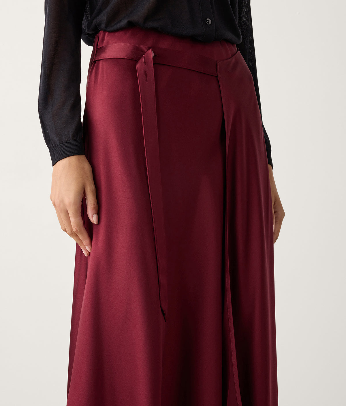 Line Pure Silk Satin Wrap Midi Skirt in Cherry Red, view 4