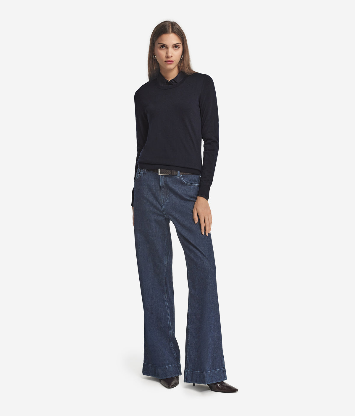 Column Cashmere Crewneck Sweater in Navy Blue, primary view