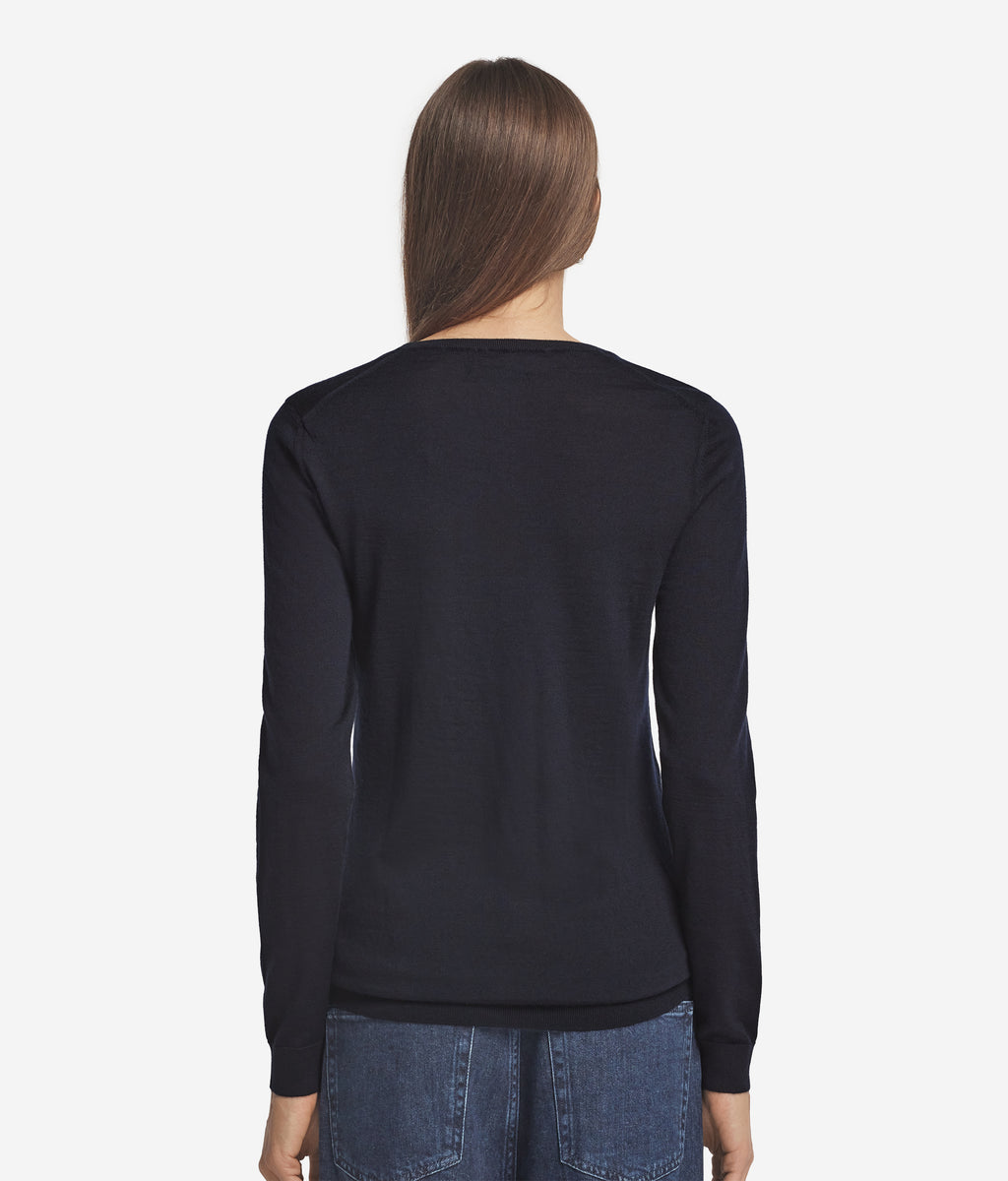 Column Cashmere Crewneck Sweater in Navy Blue, view 3