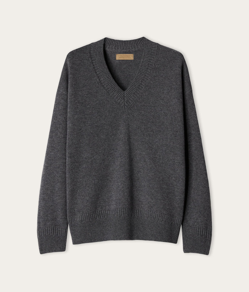Contour Varied-Rib Cashmere V-Neck Sweater in Dark Grey Melange, view 6