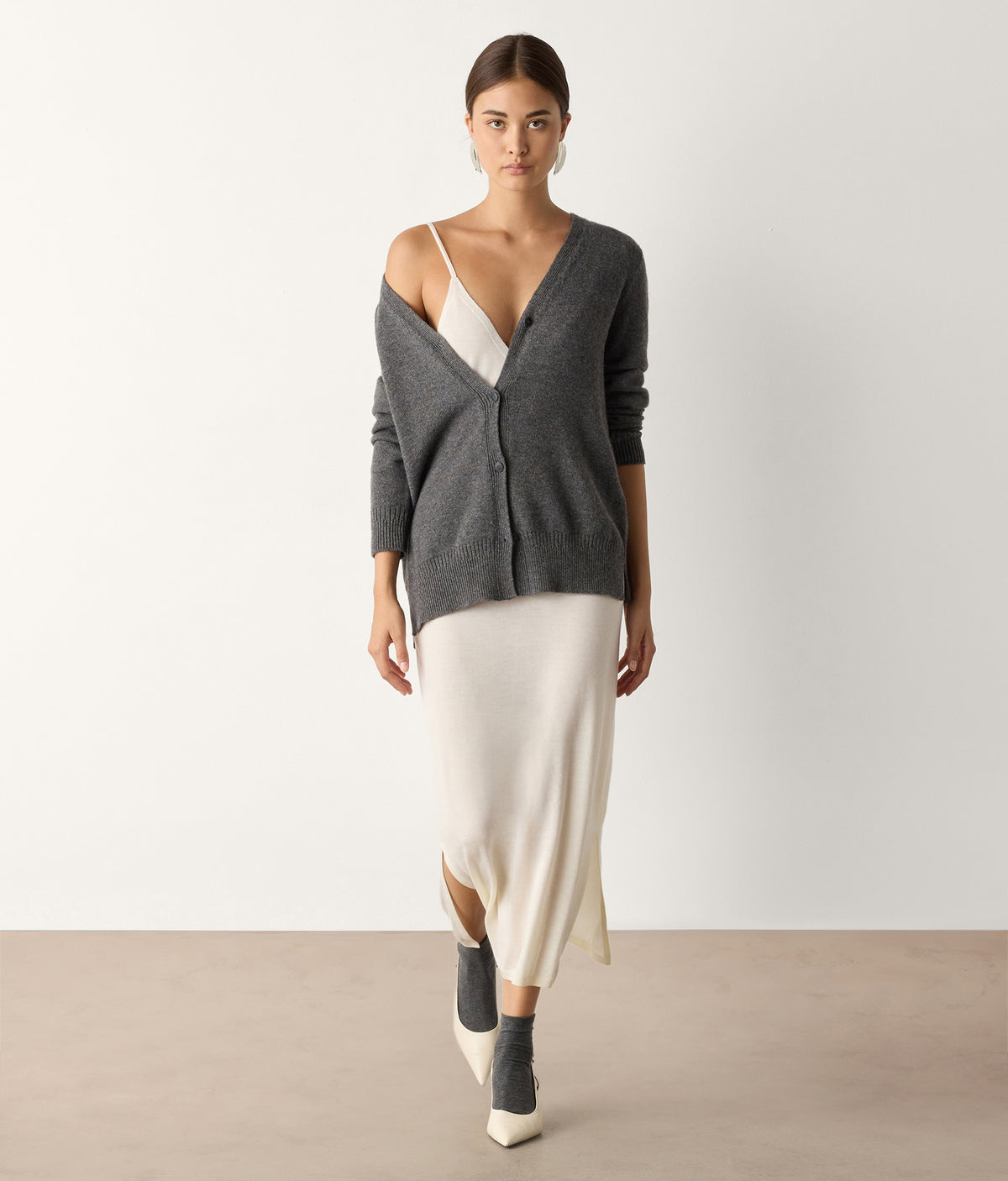 Form Varied-Rib Cashmere Cardigan with Slits in Dark Grey Melange, primary view