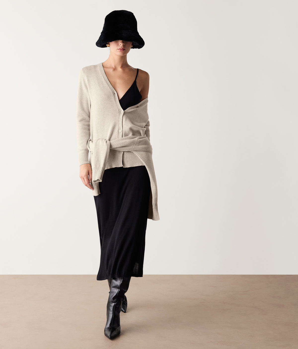 Form Varied-Rib Cashmere Cardigan with Slits in Stone, primary view