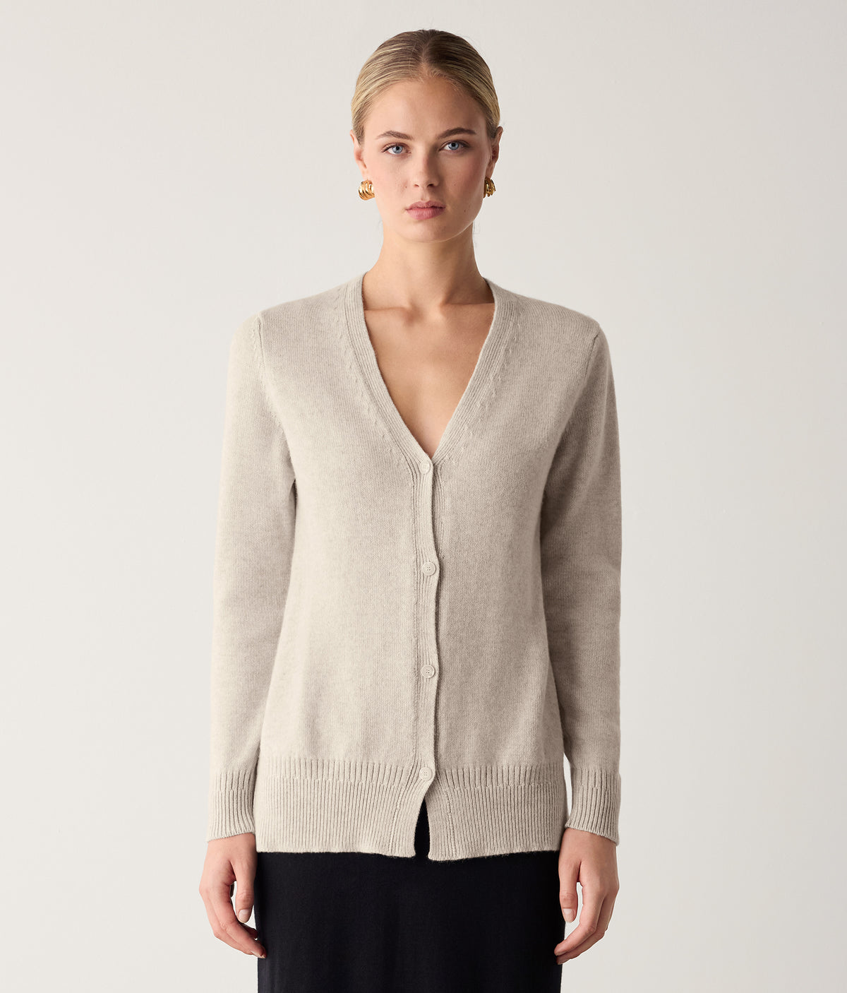 Form Varied-Rib Cashmere Cardigan with Slits in Stone, view 2