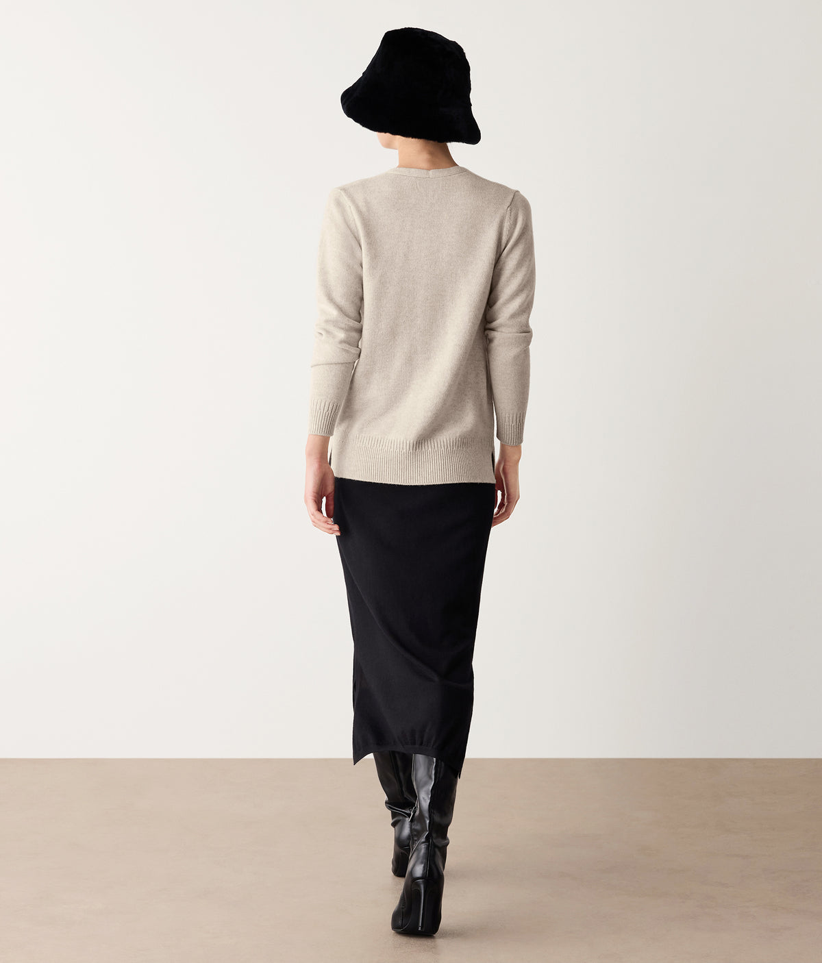 Form Varied-Rib Cashmere Cardigan with Slits in Stone, view 3