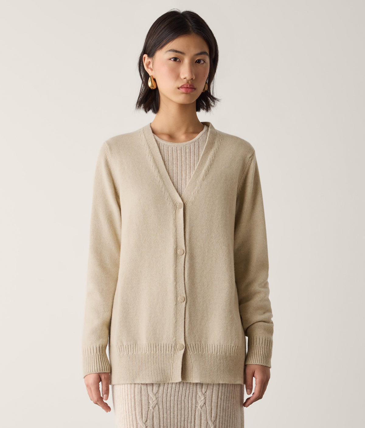 Form Varied-Rib Cashmere Cardigan with Slits in MELANGE ROPE, view 2