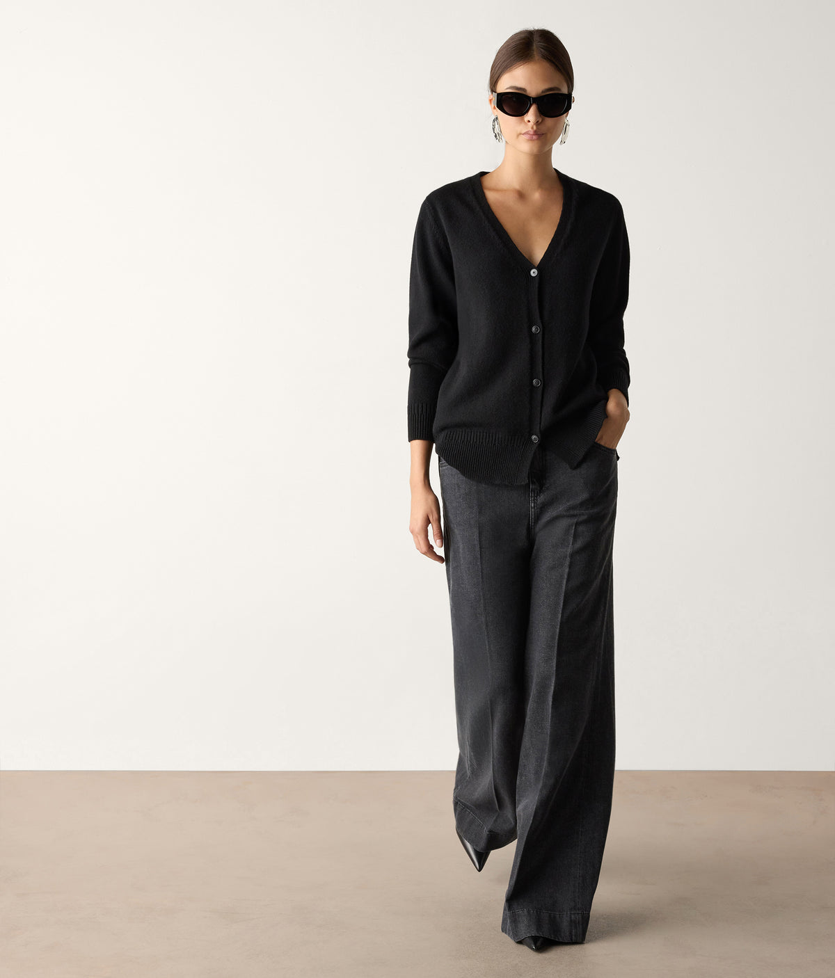 Form Varied-Rib Cashmere Cardigan with Slits in Black, primary view
