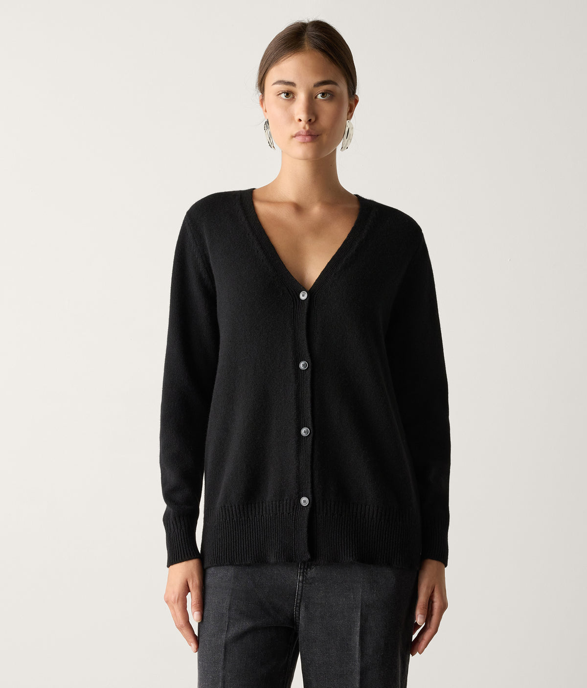Form Varied-Rib Cashmere Cardigan with Slits in Black, view 2