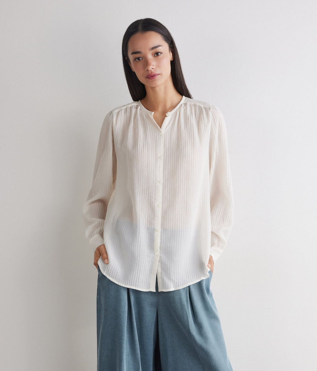 Column Embossed Silk and Cotton Muslin Blouse in Bow, view 2