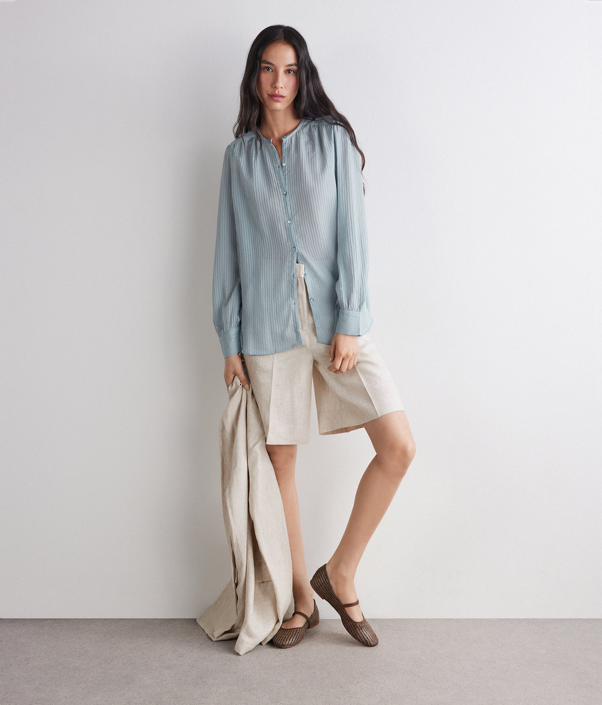 Column Embossed Silk and Cotton Muslin Blouse in Aquamarine, primary view