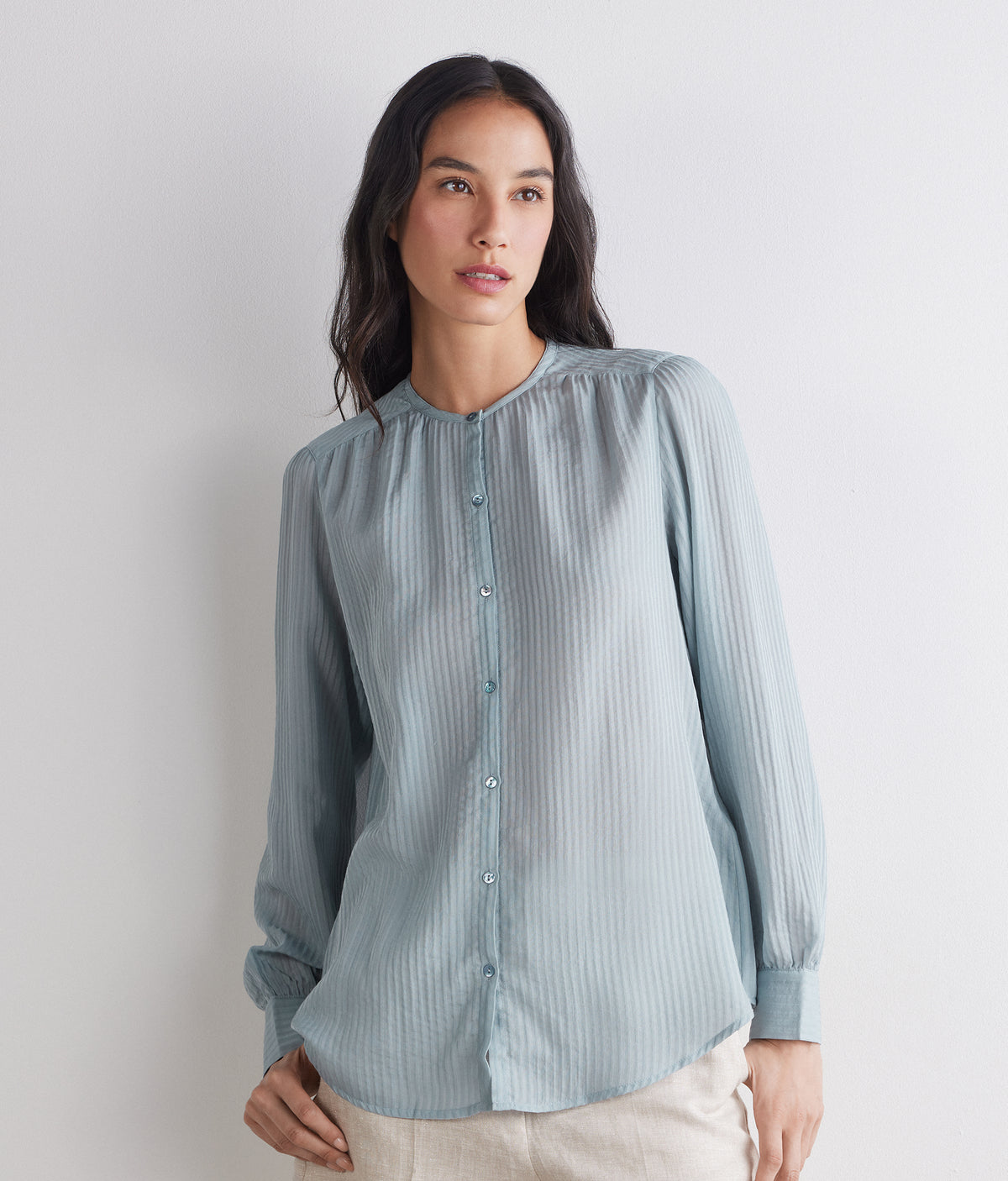 Column Embossed Silk and Cotton Muslin Blouse in Aquamarine, view 2