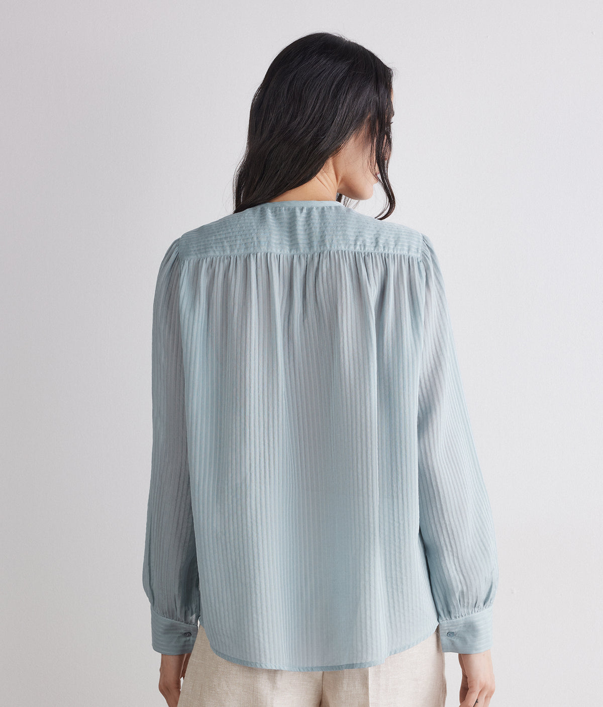 Column Embossed Silk and Cotton Muslin Blouse in Aquamarine, view 3
