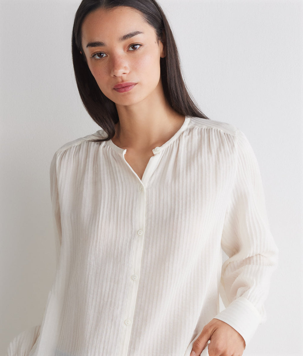 Column Embossed Silk and Cotton Muslin Blouse in Bow, view 4