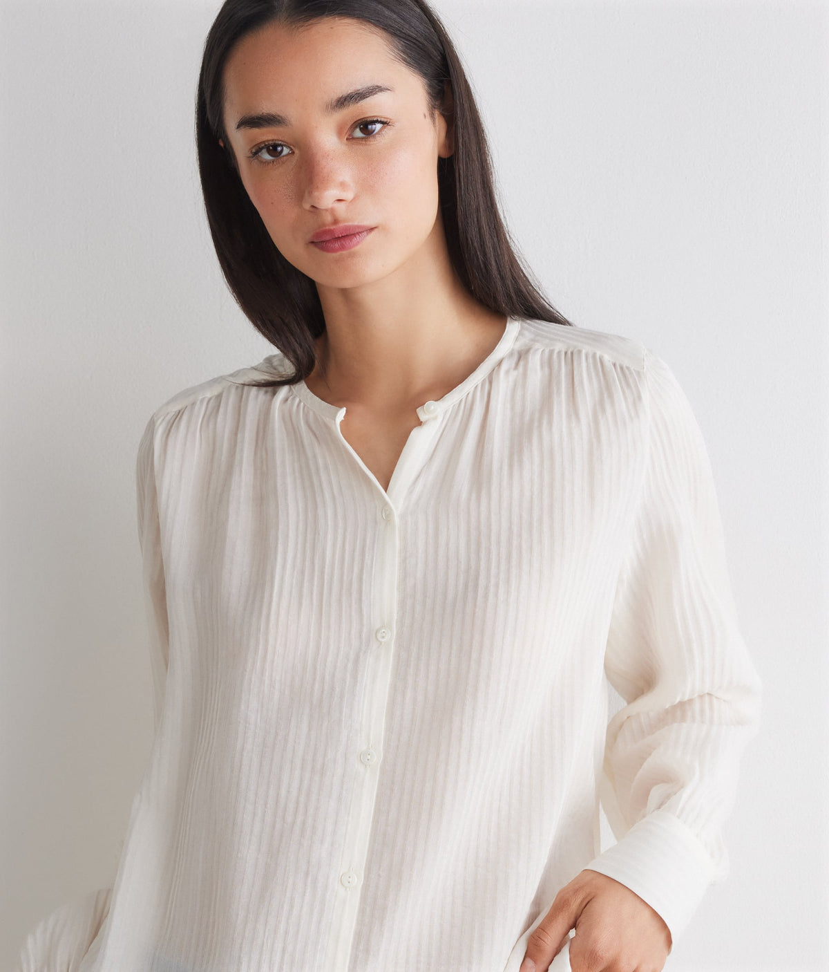 Column Embossed Silk and Cotton Muslin Blouse in Bow, view 4