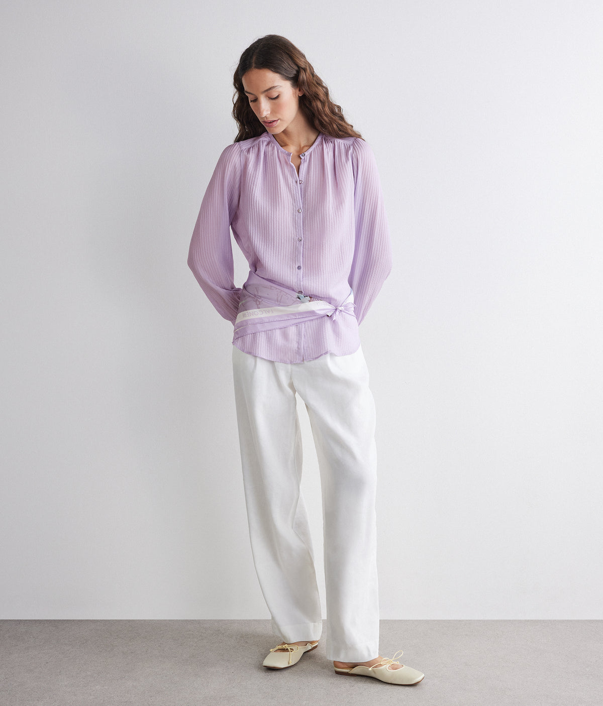 Column Embossed Silk and Cotton Muslin Blouse in Provence, primary view