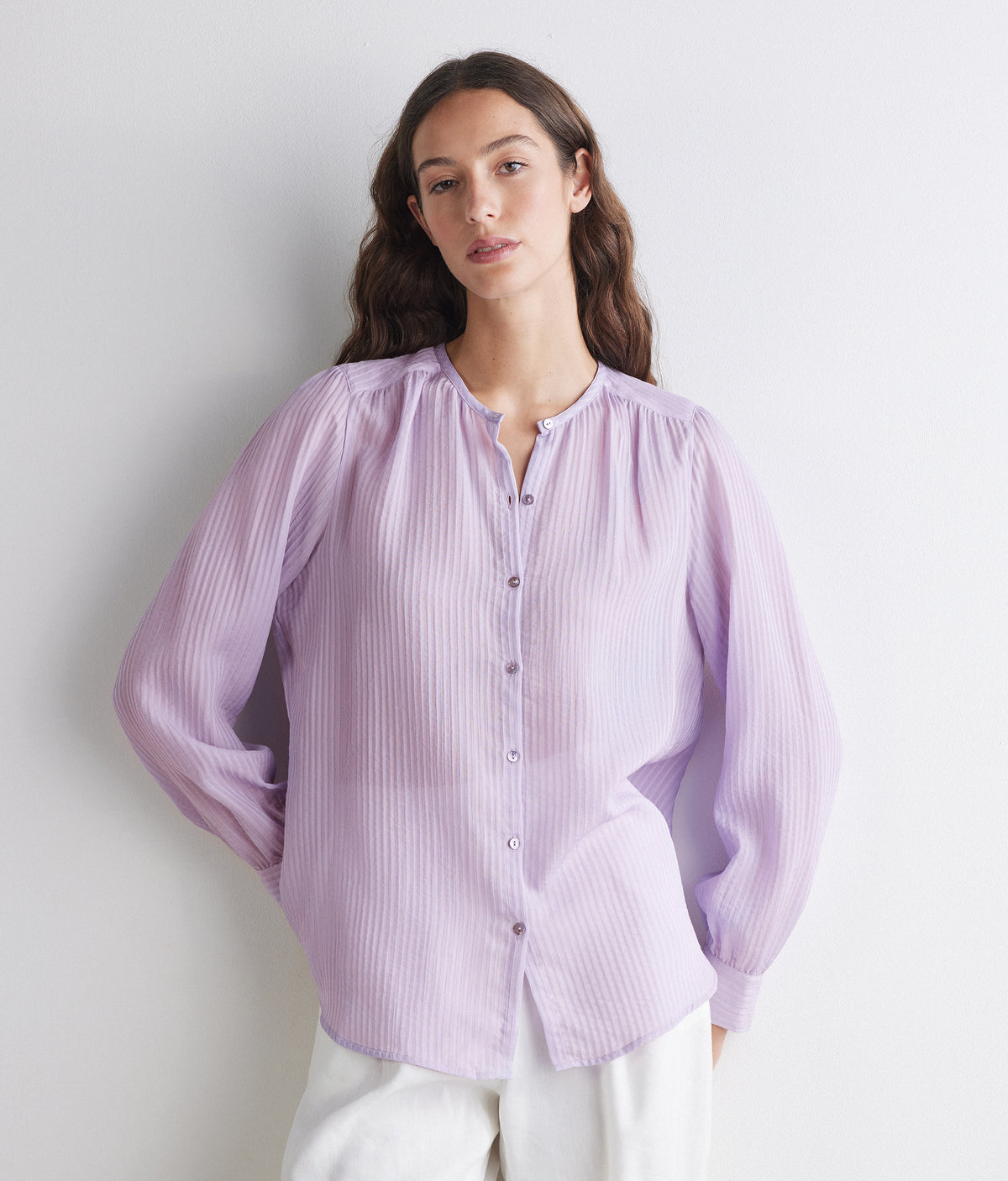 Column Embossed Silk and Cotton Muslin Blouse in Provence, view 2