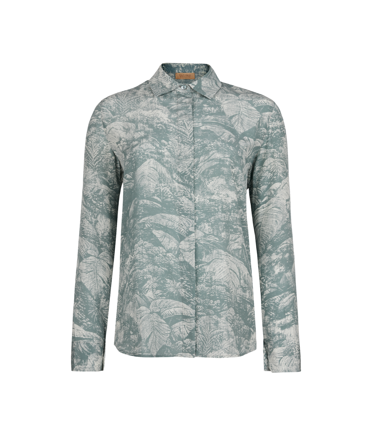 Drift Printed Silk Collared Shirt in Dark aquamarine jacquard, view 4