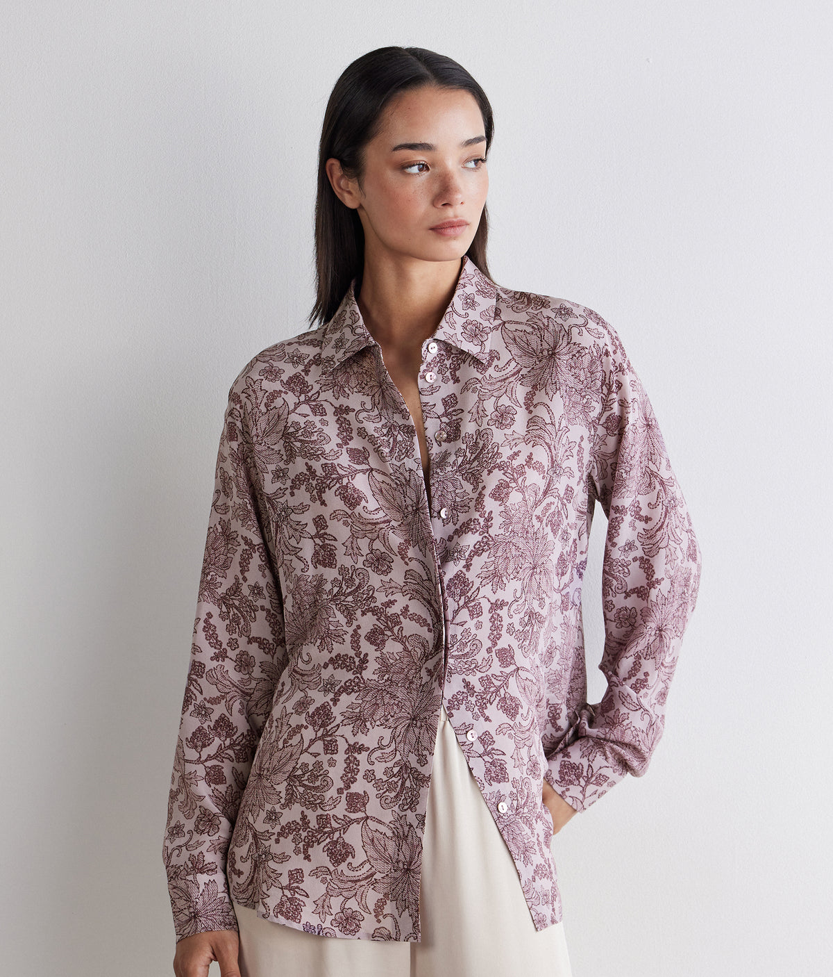 Drift Printed Silk Collared Shirt in Rosè Botanical embroidery, view 2